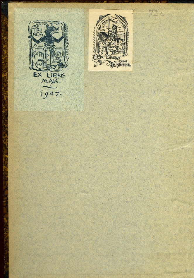 Exlibris M.A. a R.Hlubinky (knihu patrně Hlubinka daroval Alšovi či ji Aleš svému zeťi věnoval) exlibris
