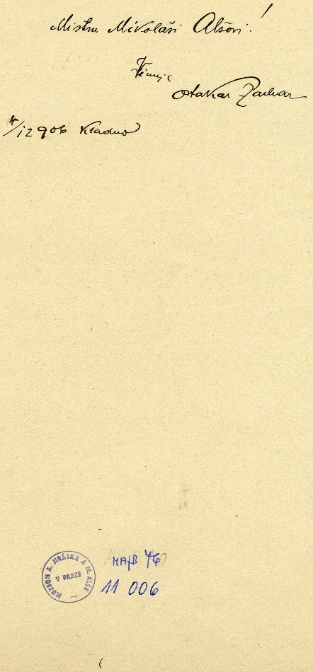 "Mistru Mikoláši Alšovi! Věnuje Otokar Zachar 4/12 906 Kladno" (O.Zachar (1870 – 1921), sládek Kročehlavského pivovaru na Kladně byl Alšovým přítelem a občasným mecenášem) věnování