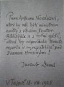 Dedication from J.Deml to A.Novák. Taken from work of K.Roháčková