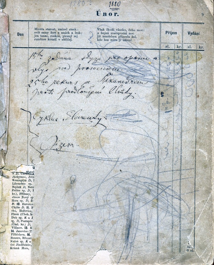 "15.ho zadána skiza na oponu a vlis za prosceniem, 25ho rekurs se Šikanedrem proti prodloužení lhůty. Cyklus Elementy, Jizera" (15th. ordered a sketch of the curtain, 25th. recours with Šikaneder agains the prolongation of the time-limit) inscriptions II