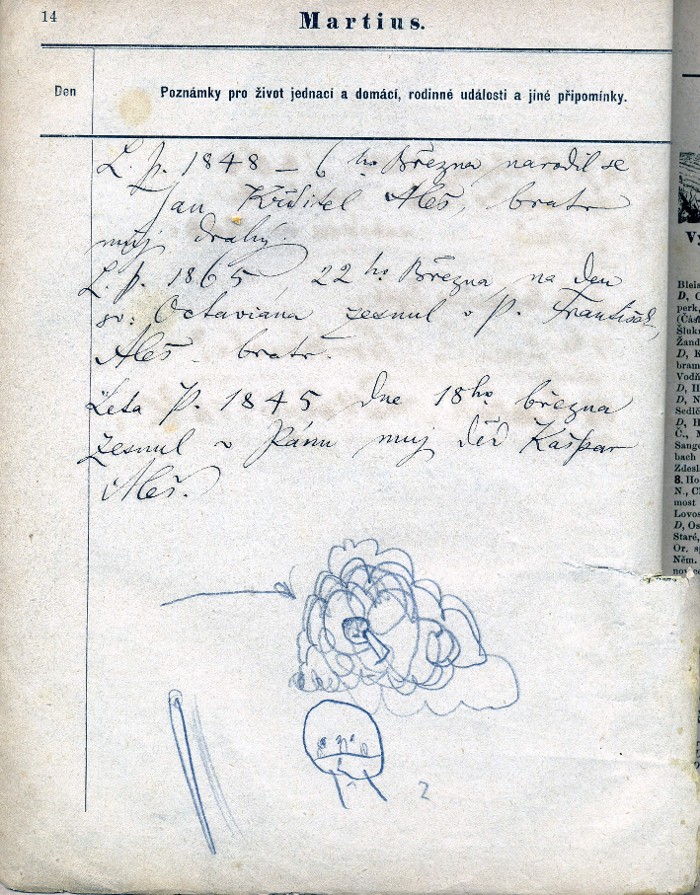 "L.P. 1848 - 6.března narodil se Jan Křtitel Aleš bratr můj drahý. L.P. 1865 22.Března na den sv.Oktaviána zesnul v P. František Aleš, bratr.Léta P. 1845 dne 18.března zesnul v Pánu můj děd Kašpar Aleš" vpisky IV