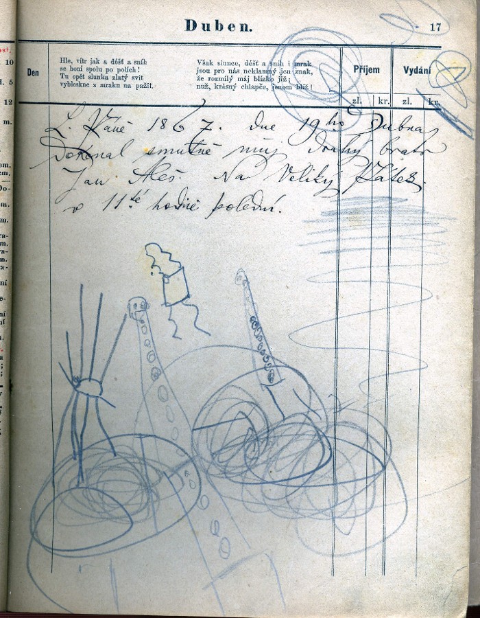 "L. Páně 1867 dne 19.ho Dubna dokonal smutně můj drahý bratr Jan Aleš. Na Velký Pátek v 11.té hodině polední" (some notices about anniversaries of birth and death of members of the Aleš´s family) inscriptions V