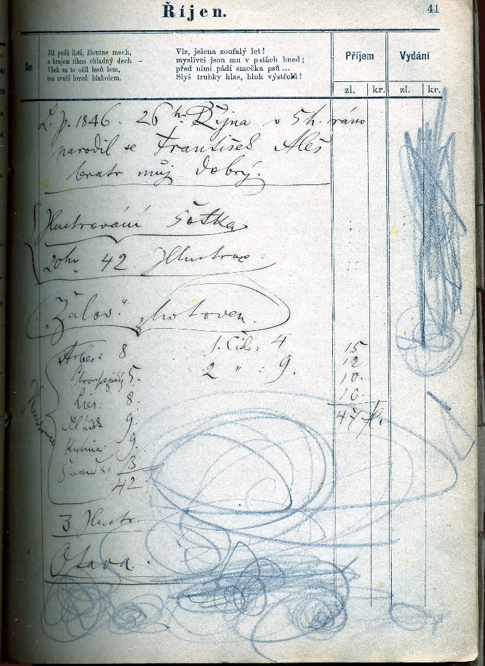 "L.P.1846 26.ho Října v 5h.ráno narodil se František Aleš bratr můj dobrý" (some notices about anniversaries of birth and death of members of the Aleš´s family and some notes about orders) inscriptions XI