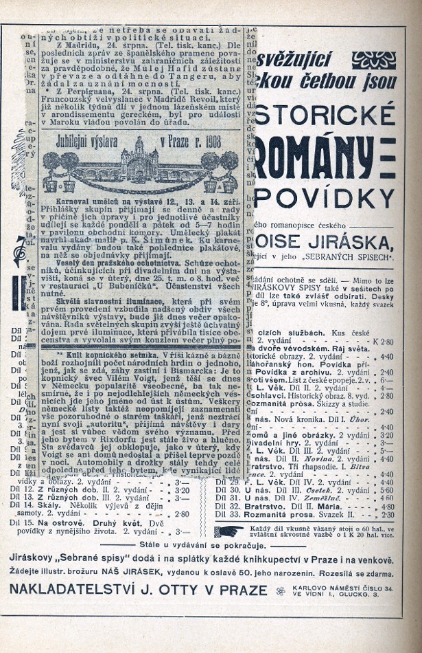 vložen výstřižek o konání Jubilejní výstavy v Praze r.1908