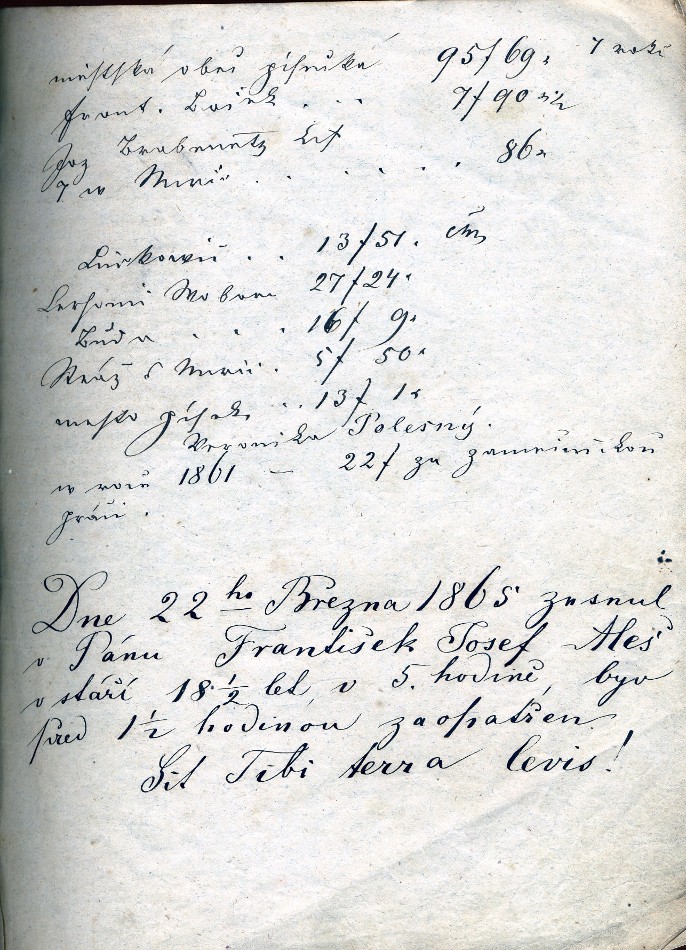 "Dne 22.ho Března 1865 zesnul v Pánu František Josef Aleš v stáří 18 1/2 let v 5. hodině, byv před 1 1/2 hodinou zaopatřen Sit tibi terra levis!" (Note about the death of Aleš´s brother František who died 18 years old, 1865 22th.March) inscription III