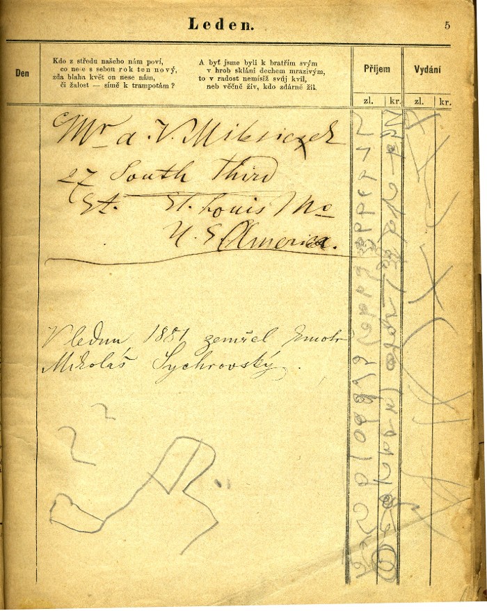 "Mr. a V. Mikriczek, 27 South Third St. St.Louis Mo., U.S. America " a "V lednu 1881 zemřel kmotr Mikoláš" Sychrovský" vpisky